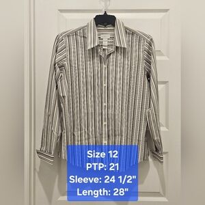 Liz Claiborne Women's Long Sleeve Gray and White Striped Blouse, EUC, Size 12